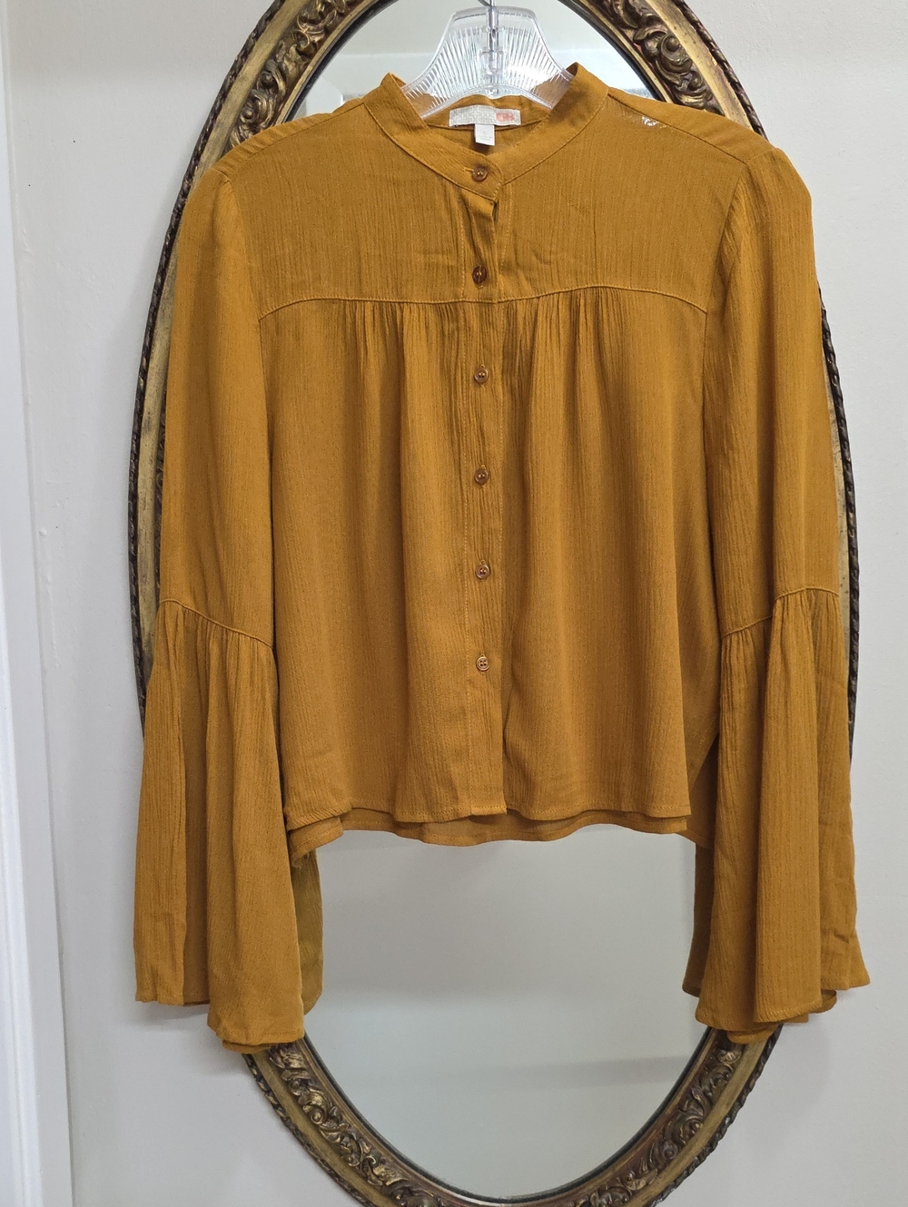 Gianni Bini Mustard Yellow Cropped Boxy  Button-Front Blouse Bell Sleeves Size S